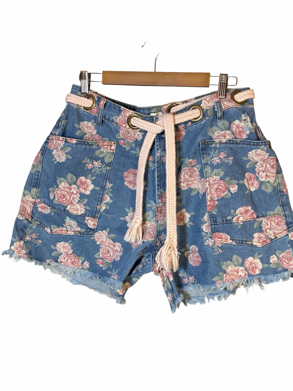BIBI Floral Denim Shorts Pink Roses Braided Belt Women’s Size L Cottagecore NWOT